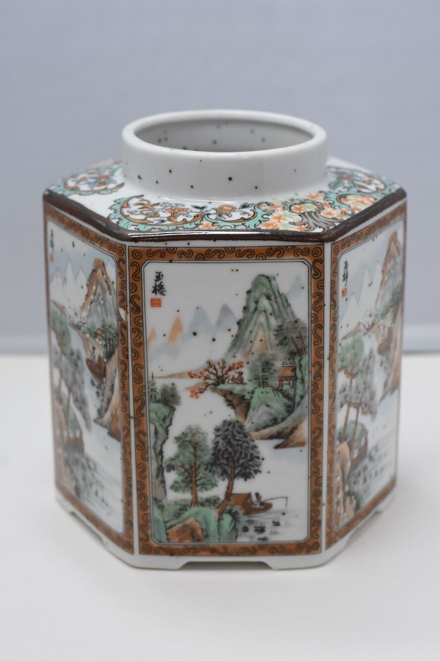 Japanese Enameled Porcaline Hand Painted Sansui Hexagon Nippon Vase